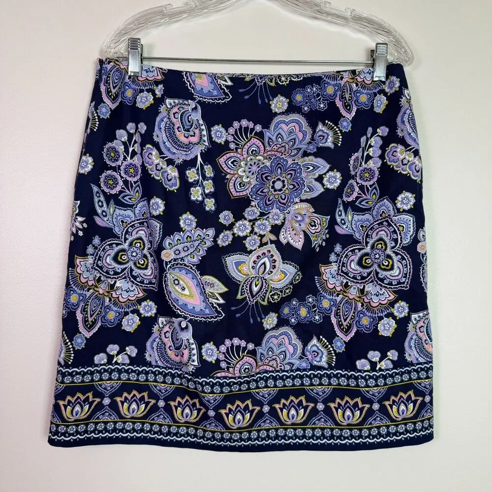 Talbots Paisley Canvas A-Line Skirt Navy Women's 10 Business Casual Coastal Boho - Picture 10 of 12